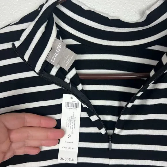 Chico’s Black White Stripe Mock Neck Long Sleeve Stretch Top Size 2 NWT - Picture 7 of 8